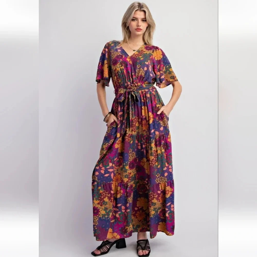 Easel Floral Challis Short Sleeve Maxi Dress New - Picture 4 of 6